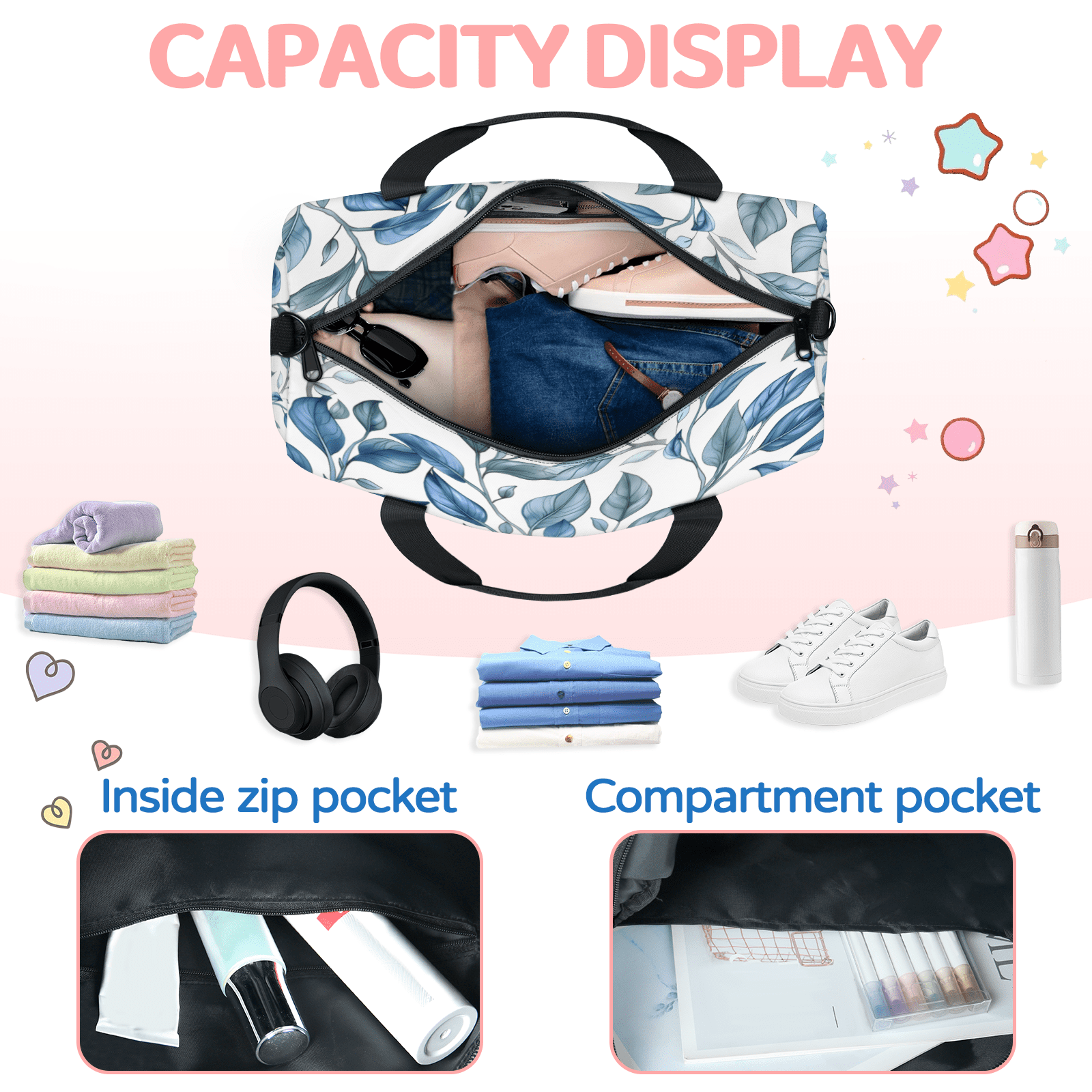 Herdesigns Leaf Gym Bag for Women, Duffle Bag for Travel Sport, Lightweight Waterproof Carry on Weekender Overnight Dance Yoga Workout Bags