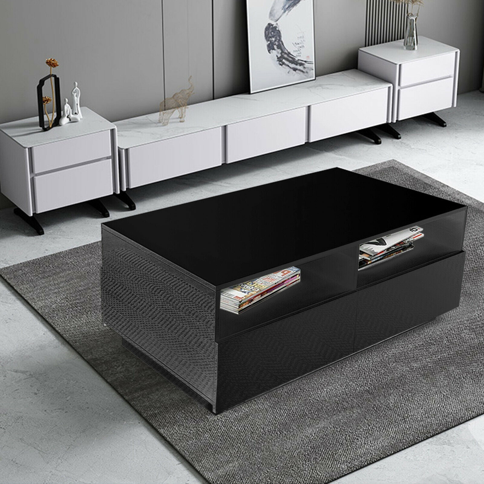 Modern LED High Gloss Coffee Table 4 Drawers Living Room End Table w/ Remote Modern Glossy White