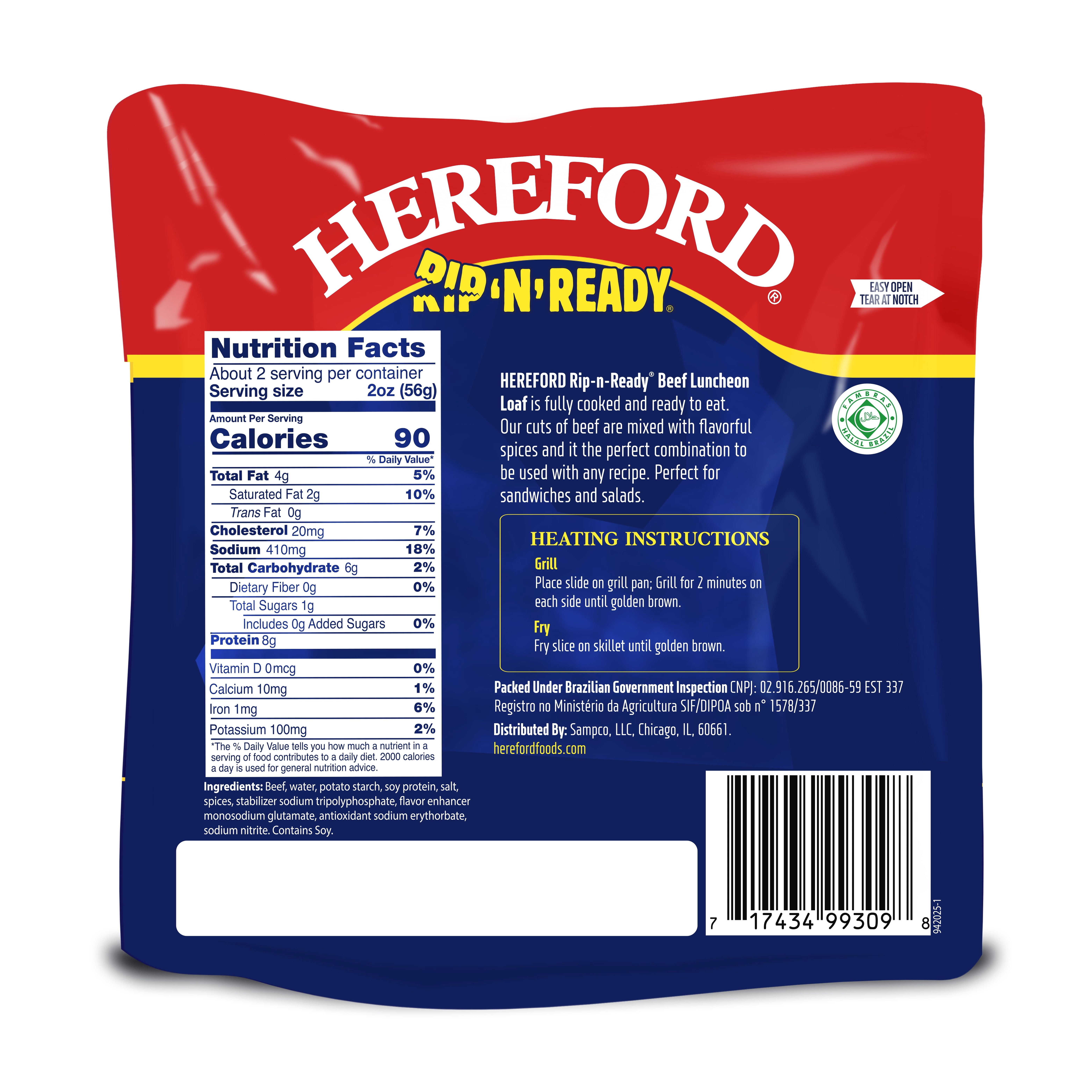 (6 pack) Hereford Fully Cooked Beef Luncheon Loaf, Shelf Stable Pouch, 3.5 oz Loaf