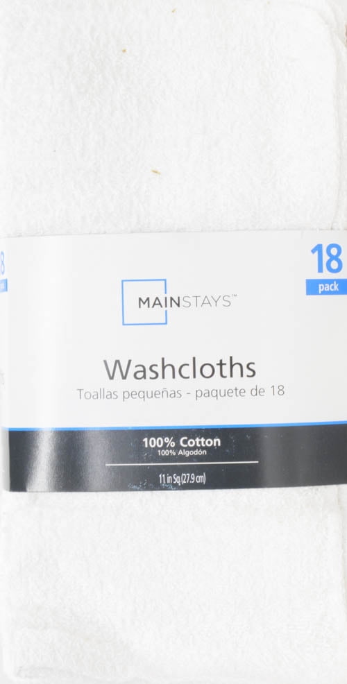 Mainstays Cotton Washcloth Collection, 18-Pack, White