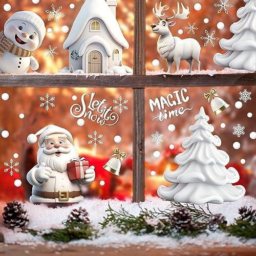 Christmas Window Stickers, 3D Xmas Window Decals White Christmas Window Clings Double Sided for Christmas Window Decorations(8 Sheets)