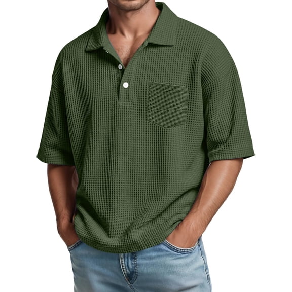 Bibifish Mens Polo Shirts Short Sleeve Waffle Knit Relaxed Fit Casual Shirts Pocket Daily Wear Tops