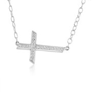 Side Set Diamond Cross Necklace in Sterling Silver 18 inch