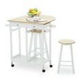 thumbnail image 1 of Carro de cocina de madera Zimtown con ruedas giratorias juego de mesa de comedor con hojas abatibles 2 cajones y 2 taburetes blanco, 1 of 6