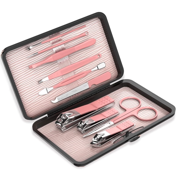 ZIZZON Travel Mini Set de manicura Juego de cortaúñas 10 en 1 Kit de cuidado de pedicura de acero inoxidable con estuche rosa
