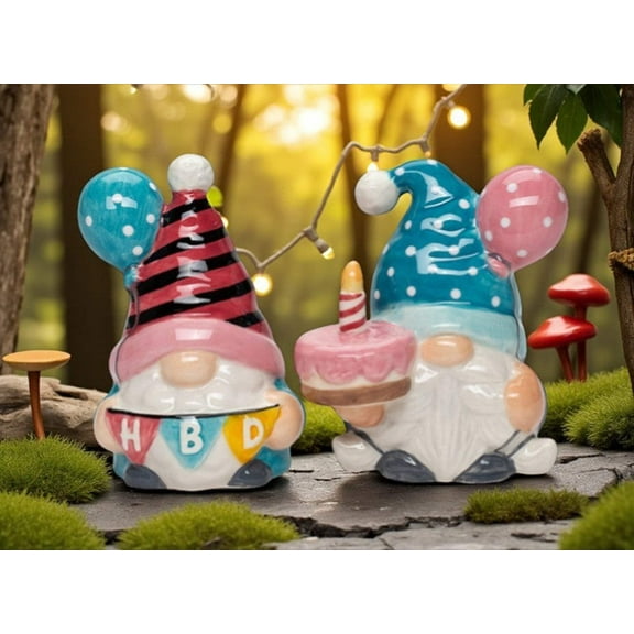 Ceramic Happy Birthday Gnome Salt and Pepper Shakers, Birthday Party Decor, Fairy Garden Decor, Gnome Collector Gift