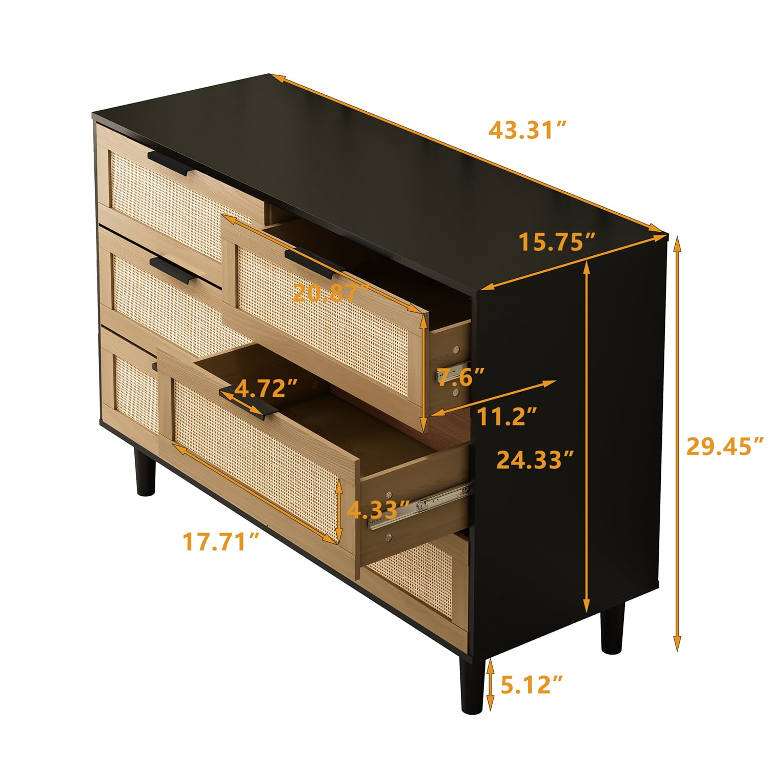 Kadyn Chest of Drawers, 6 Drawers Rattan Dresser for Bedroom with Black Handle, Black Nursery Dresser Kadyn Chest of Drawers, 6 Drawers Rattan Dresser for Bedroom with Black Handle, Black Nursery Dresser