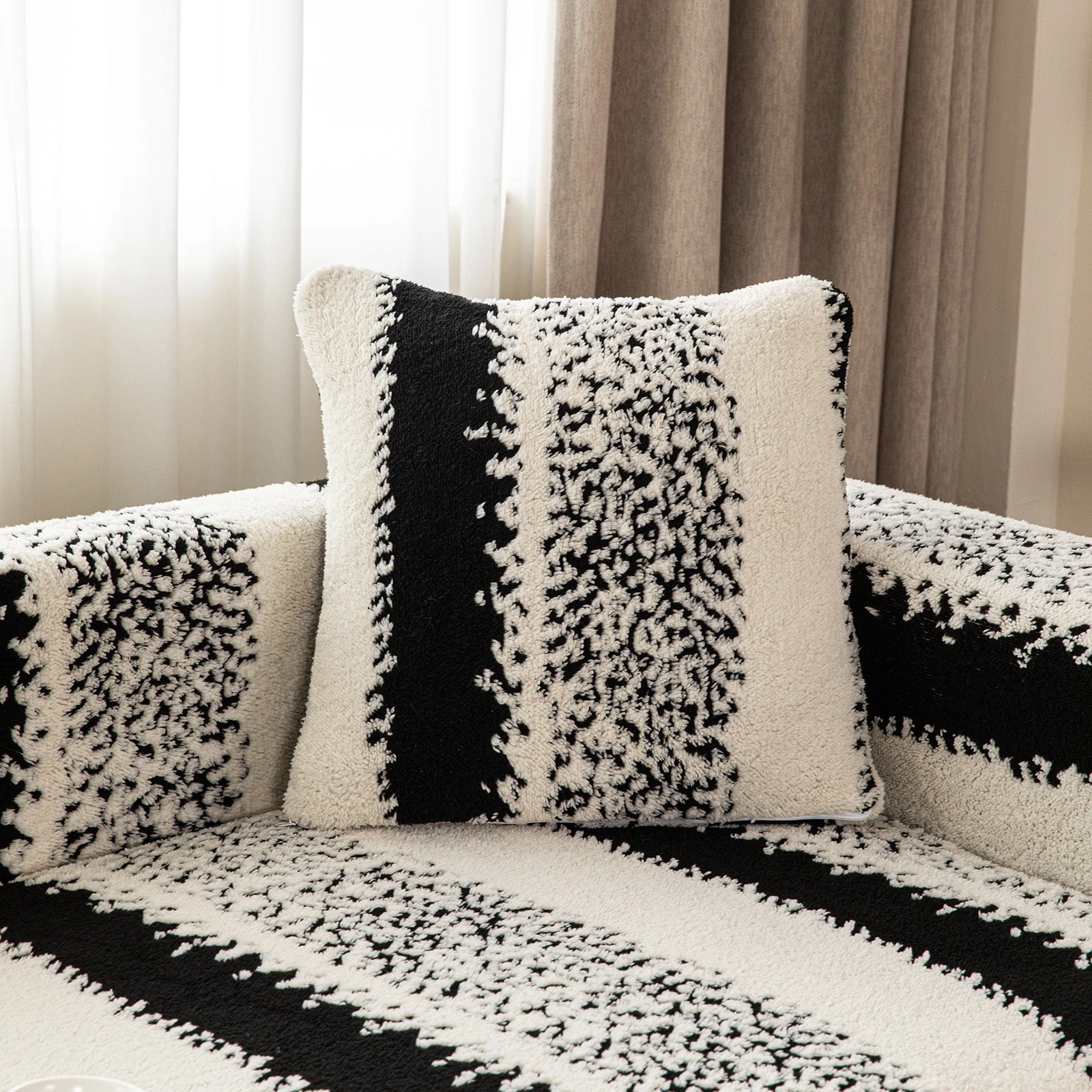 TOPCHANCES Stretch Stripe Sofa Covers, Soft Cotton Blend Velvet Fabric Armchair Loveseat 3-Seat Sofa Slipcover, Non-slip Couch Protector Settee Cover, Friendly to Pets (Chair Cover, Stripe Black)