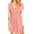 thumbnail image 3 of Vestido de mujer con botones de cintura alta, color rosa, escote en V, mangas cortas y detalle de botones en la parte delantera, talla L, primavera/verano, 3 of 6