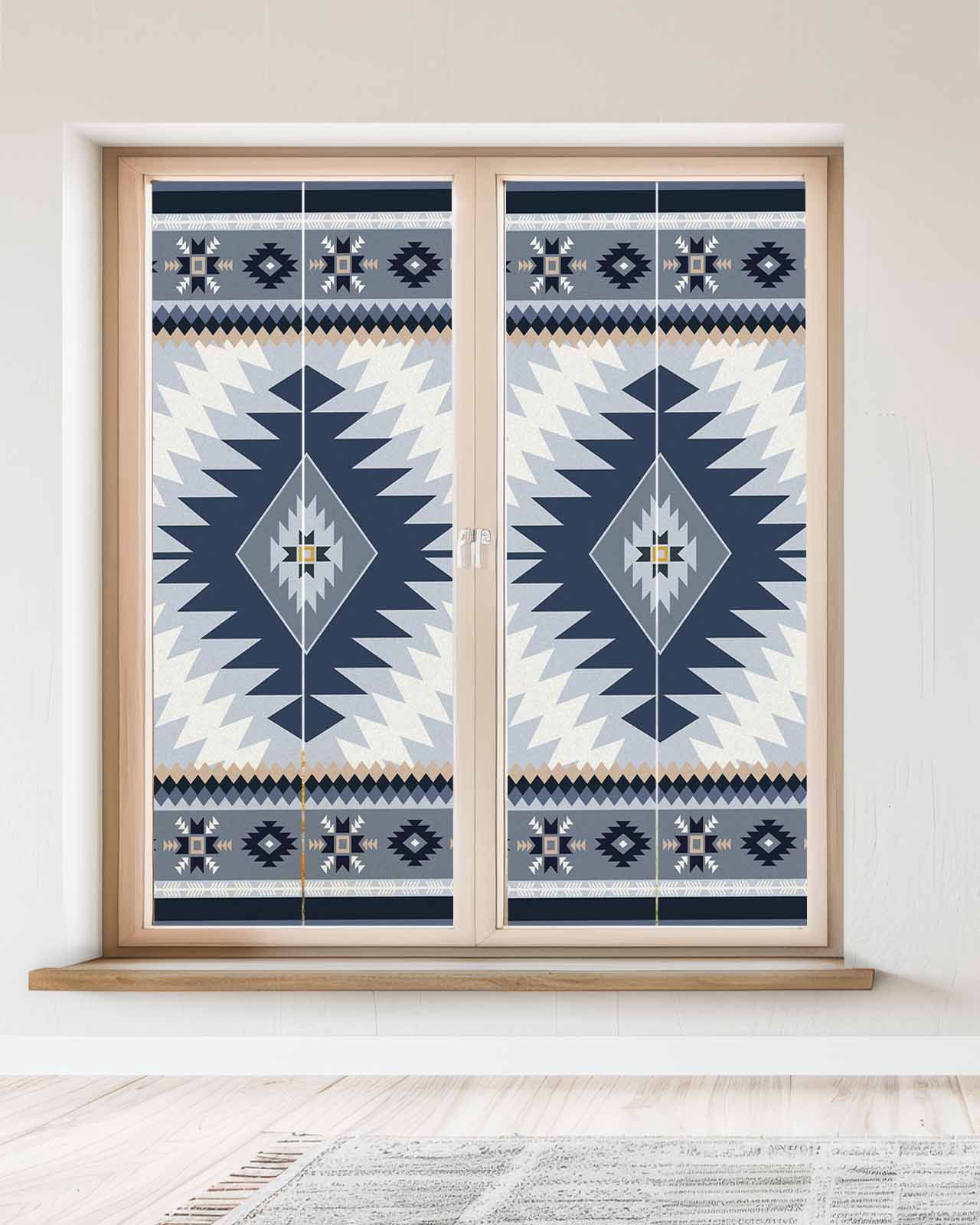 Window Privacy Film Blue Gray Boho Stained Glass Window Film Decorative Sun Block Window Cover Southwestern Ethnic Abstract Geometric Window Clings Static Adhesive Sticker for Bathroom 23.6"x59"