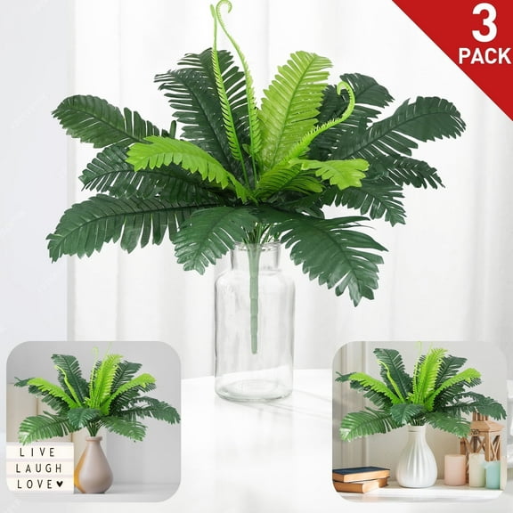 MixMart 3 Pcs Artificial Plants Bouquet, Large Fake Boston Fern Plant for Indoor and Ourdoor Decoration