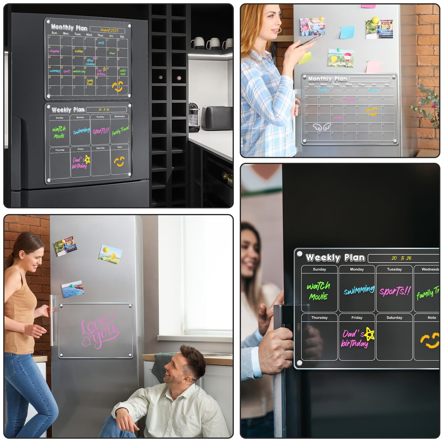DIYMAG Magnetic Calendar for Refrigerator, 3 Pack Magnetic Planning Board for Fridge,  Acrylic Dry Erase Whiteboard with 6 Highlight  (Clear)