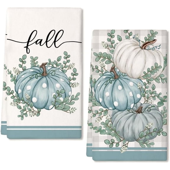SM-XLHN Fall Kitchen Towels Set of 2,Orange Pumpkin Grey Buffalo Check Autumn Dish Towels 18x26 Inch Drying Dishcloth,Farmhouse Home Decoration AD118