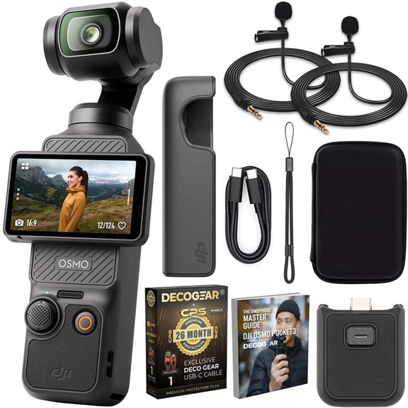 DJI CP.OS.00000301.01 Osmo Pocket 3 4K 120fps Handheld 3-Axis Gimbal Stabilizer Bundle with CPS 26 Month Protection Pack, 2x Clip-On Mini Lapel Mic, 10" Case, HDMI Cable and Deco Gear Master Guide
