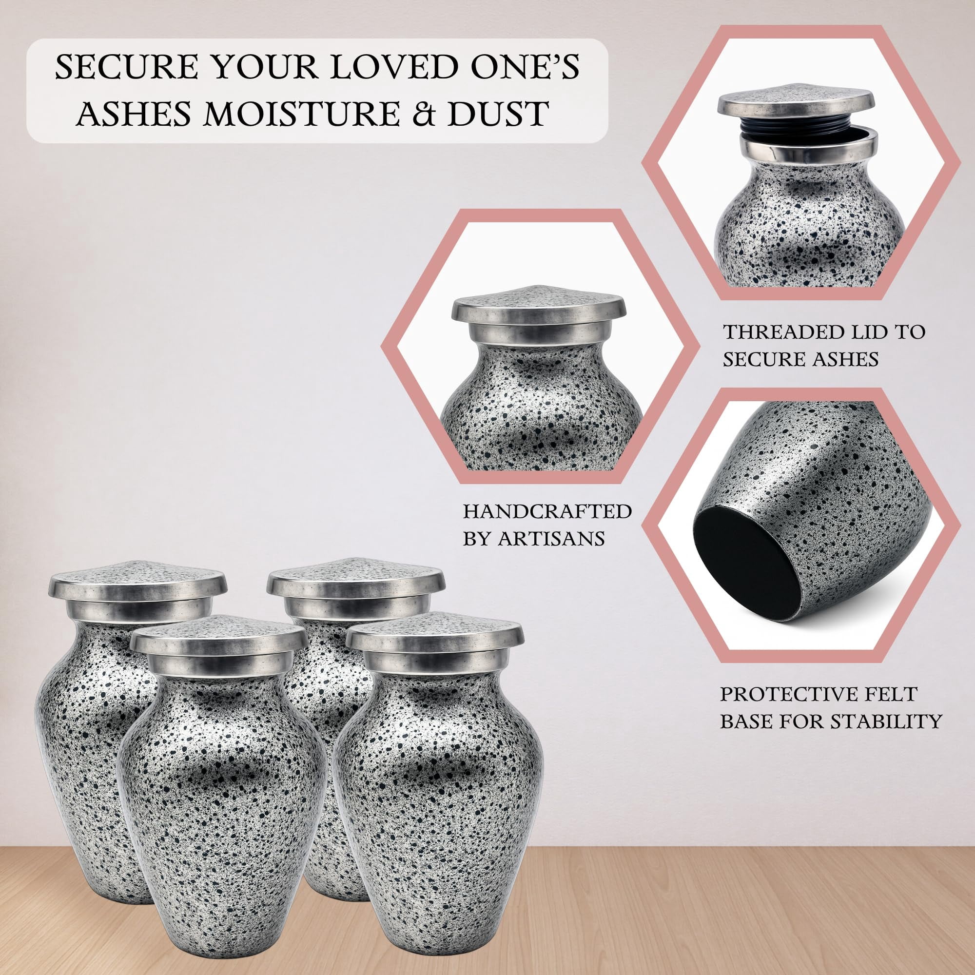 Nova Niche Urns Small Size Cremation Urn for Human Ashes, Mini Keepsake Set of 4 Black and Silver with Velvet Case