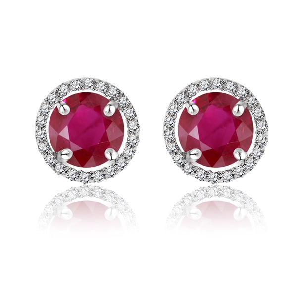 JeenMata Pendientes de Botón con Halo de Rubí de Talla Redonda de 1,25 Quilates con Piedra Natal de Julio en Oro Blanco de 18 K sobre Plata