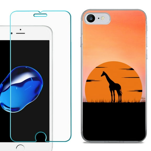 For Apple iPhone 7 / iPhone 8 Case, Slim-Fit TPU Phone Case, with Tempered Glass Screen Protector, by OneToughShield ® - Sunset Giraffe