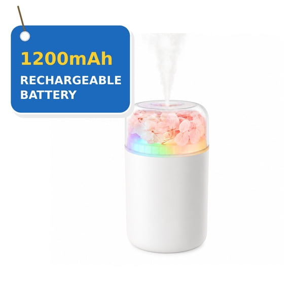 Preserved Flower Mini Humidifier, 230mL Rechargeable Portable Personal Humidifier with 7-Color LED Light, 2 Mist Modes and 1200mAh Battery, White