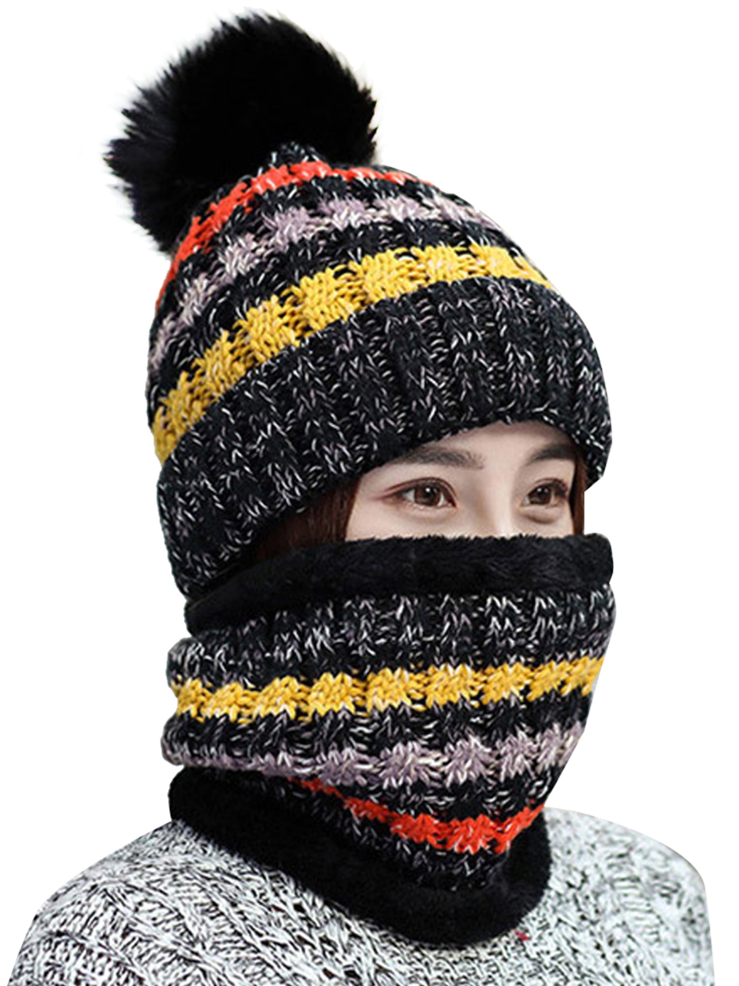 Afinder Kids Windproof Balaclava with Pompoms Knitted Long Earflap Hat with Neckerchief