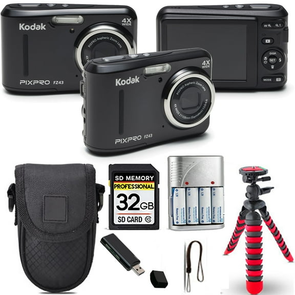 Kodak PIXPRO FZ43 Digital Camera (Black)   Spider Tripod   Case - 32GB Kit