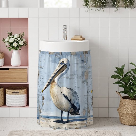 Small Cabinet Curtain 10''W x 11''L, Ocean Pelican Under Sink Cover Drapes, Summer Coastal Birds Modern Painted Self Adhesive Cabinet Skirt for Kitchen/Bathroom Vanity/Laundry Room/Open Shelf