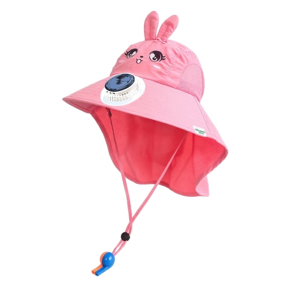 Kids Sun Hat, Solar Powered Fan Wide Brim Neck Flap UV Protection Mesh Sun Cap, Breathable Lightweight One Pack Cute Bunny Cartoon Design, For Boys Girls Toddlers Outdoor Hiking Camping Beach Summer