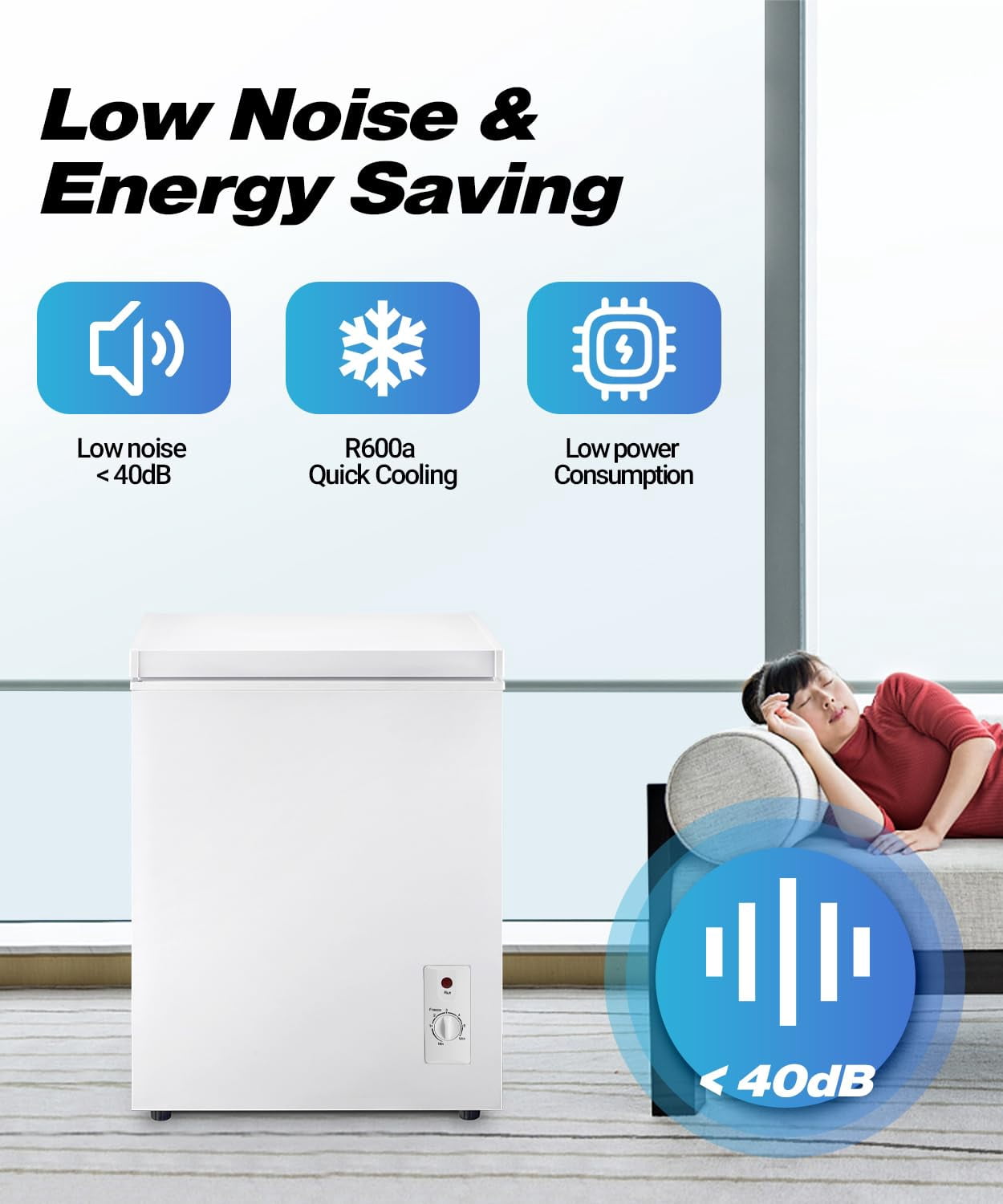 5.0 Cu.Ft Mini Chest Freezer, 2 Removable Baskets, 6 Level Adjustable Thermostat Front Defrost Drain, Quiet R600a Compressor for Dorm Home, White