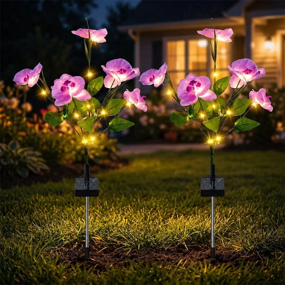 Rirool Solar Orchid Flower Garden Stake Lights, 7 Heads Warm White Solar Lights Outdoor Waterproof, Decorative Lights for Yard Lawn Patio Pathway, Purple 2 Pack