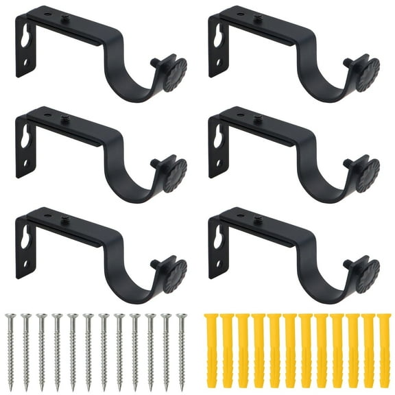 VEGCOO 6 Pieces Black Curtain Rod Brackets, Adjustable Curtain Brackets for Rods Metal Curtain Rod Brackets with Screws, Heavy Duty Curtain Rod Brackets for 16-25mm Wall Rods