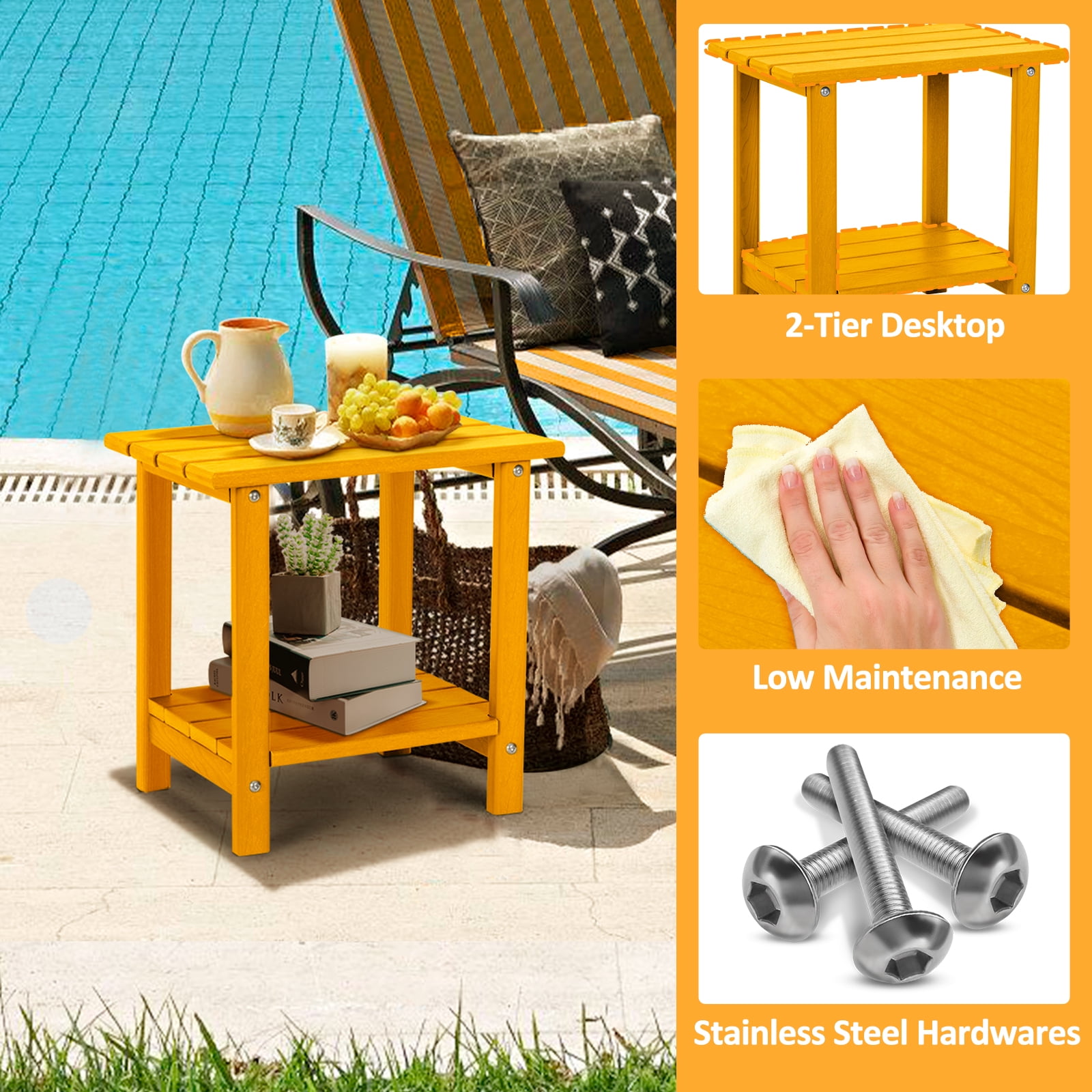 Nalone 2-Tier Outdoor Side Table, HDPE All Weather Outdoor Coffee Table Adirondack Patio End Table, Outside Deck Table for Indoor Living Room Bedroom Porch Backyard, Tangerine