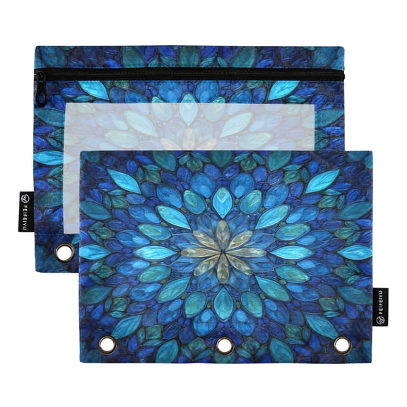 2 Pack 3 Ring Binder Pouch with Clear PVC Window Water Resistant Zipper Pencil Pouch Blue Glass Leaves Pattern Binder Pocket for Classroom Office Home Stationery Organization