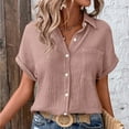 thumbnail image 4 of DuoJiaJ Ladies' Fashionable And Casual Solid Color Batsleeved Button Short Sleeved Shirt Women's Short Sleeve Shirts Pink S, 4 of 5