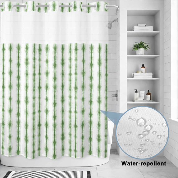 No Hook Shower Curtain, Green Stripes Shower Curtains for Bathroom with See Through Top Window, Farmhouse Modern Abstract Art Waterproof & Washable Bath Curtain Stall 48"x72"