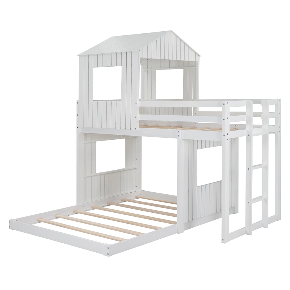 Kepooman Living Harlan Wood Loft Bed, Twin Over Full Bunk Bed, Loft Bed with Playhouse, Farmhouse, Ladder and Guardrails, White Kepooman Living Harlan Wood Loft Bed, Twin Over Full Bunk Bed, Loft Bed with Playhouse, Farmhouse, Ladder and Guardrails, White