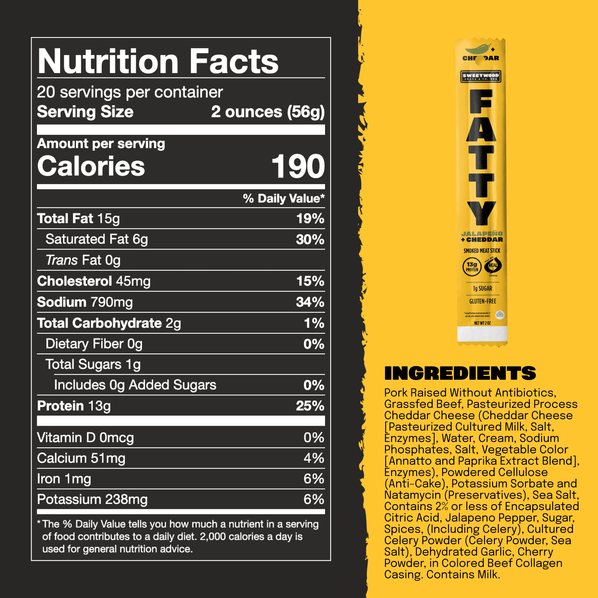 FATTY Meat Sticks, Grass-Fed Beef, High Protein Snack, Low Carb, Gluten Free, MSG Free, Nitrate Free, Jalapeno & Cheddar Flavor, 2 Ounce (Pack of 20)