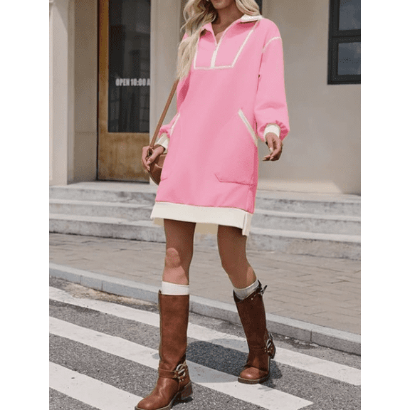 Women's Oversized Sweatshirt Dress Half Zip V Neck Long Sleeve Contrast Fall Casual Mini Dresses