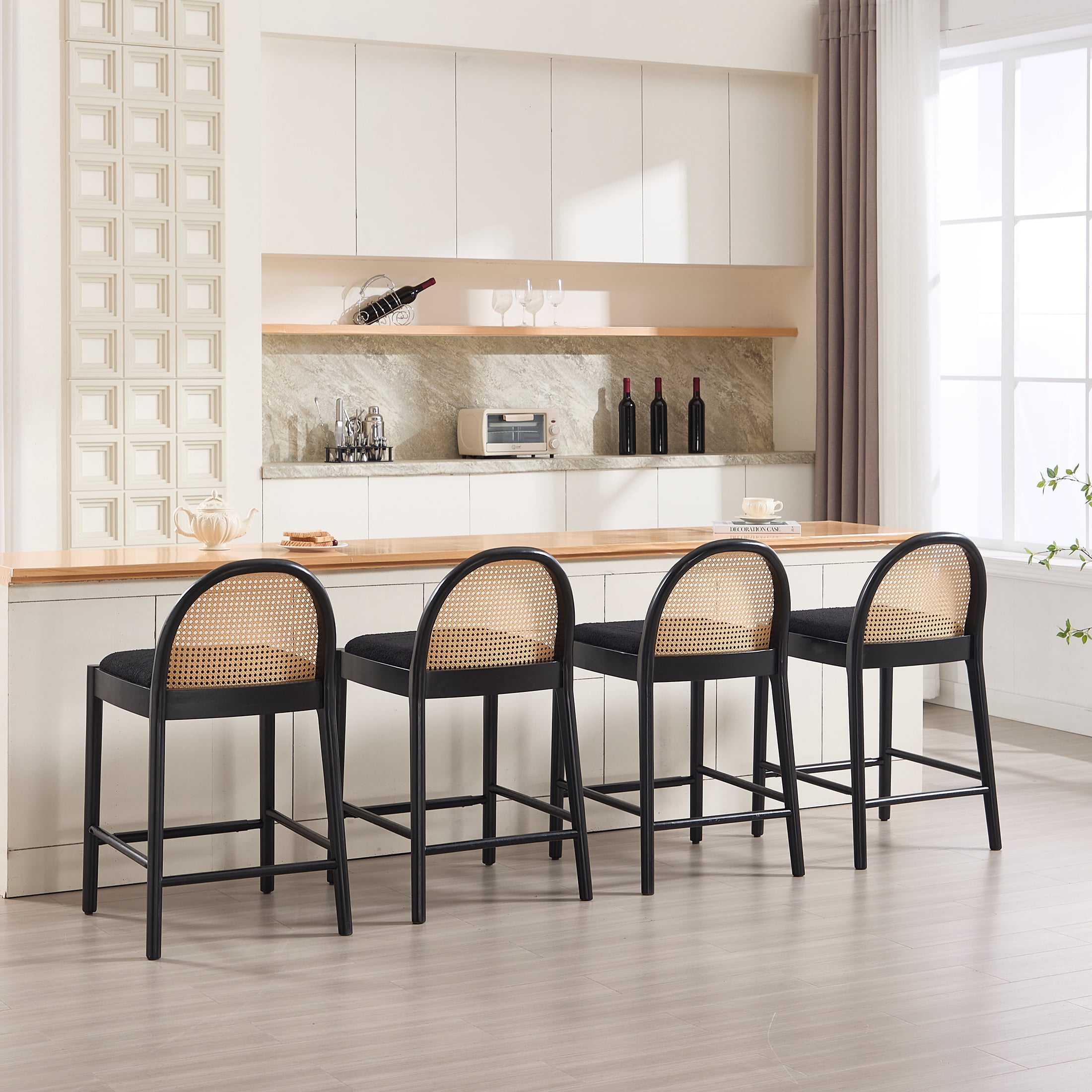 Guyou Modern Bar Stools Set of 2, 26" Counter Height Bar Stools with Natural Rattan Back and Solid Wood Frame, Sherpa Upholstered Kitchen Island Chairs for Bar Island Cafe Kitchen, Black
