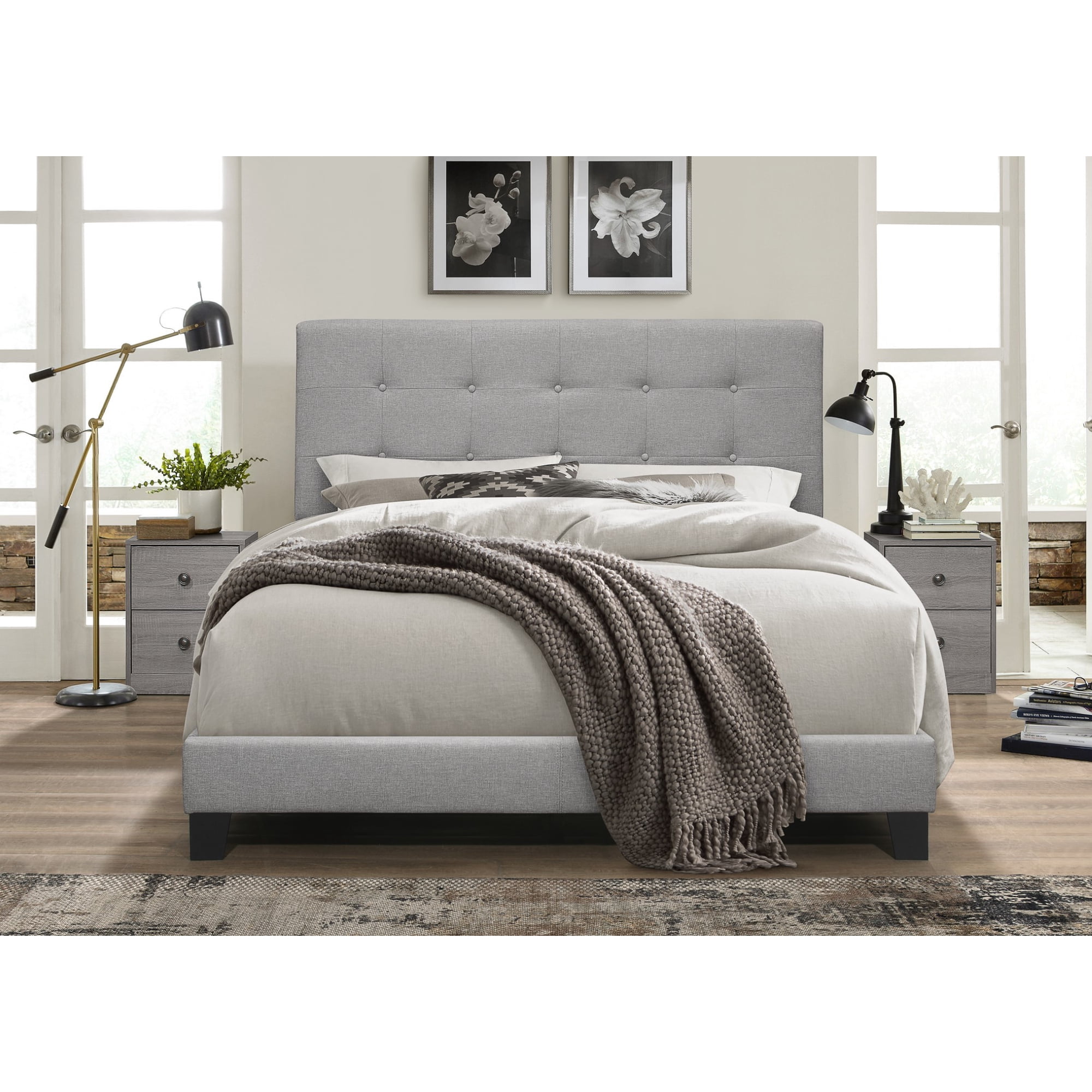 Home Design Sara Full Upholstered Panel Bed Frame with 2 Nightstands for Adult Bedroom, Modern Style, Gray, Easy Assembly