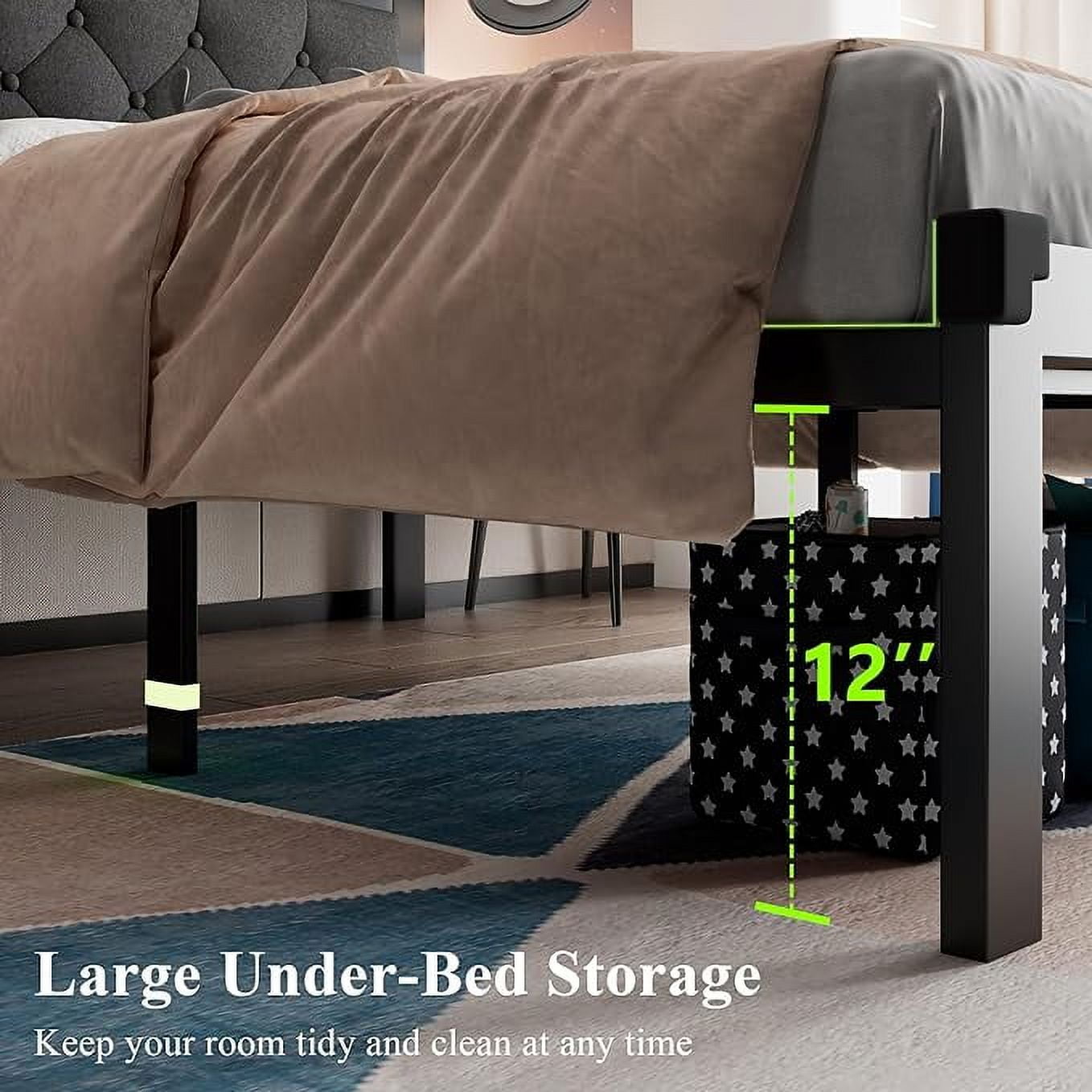 Feonase Twin Size Metal Platform Bed Frame with Linen Upholstered Headboard, 12" Under-Bed Space, Steel Slats Suppor, Black