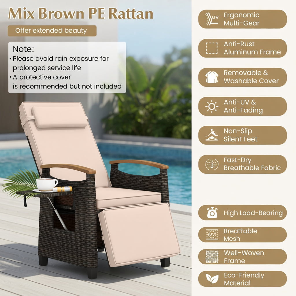 Hommoo Adjustable Wicker Recliner Chair with Footrest & Side Table, PE Rattan Outdoor Patio Lounge Chair, Brown