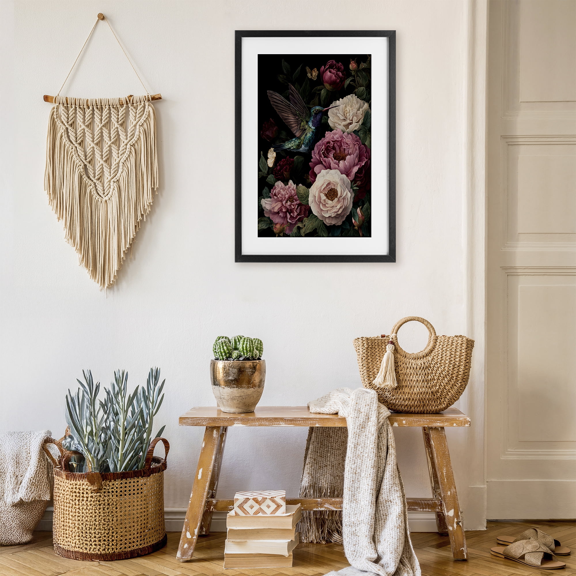 Stupell Industries Hummingbird & Lush Peonies Black Framed Print Under Glass, design by The Wands Want