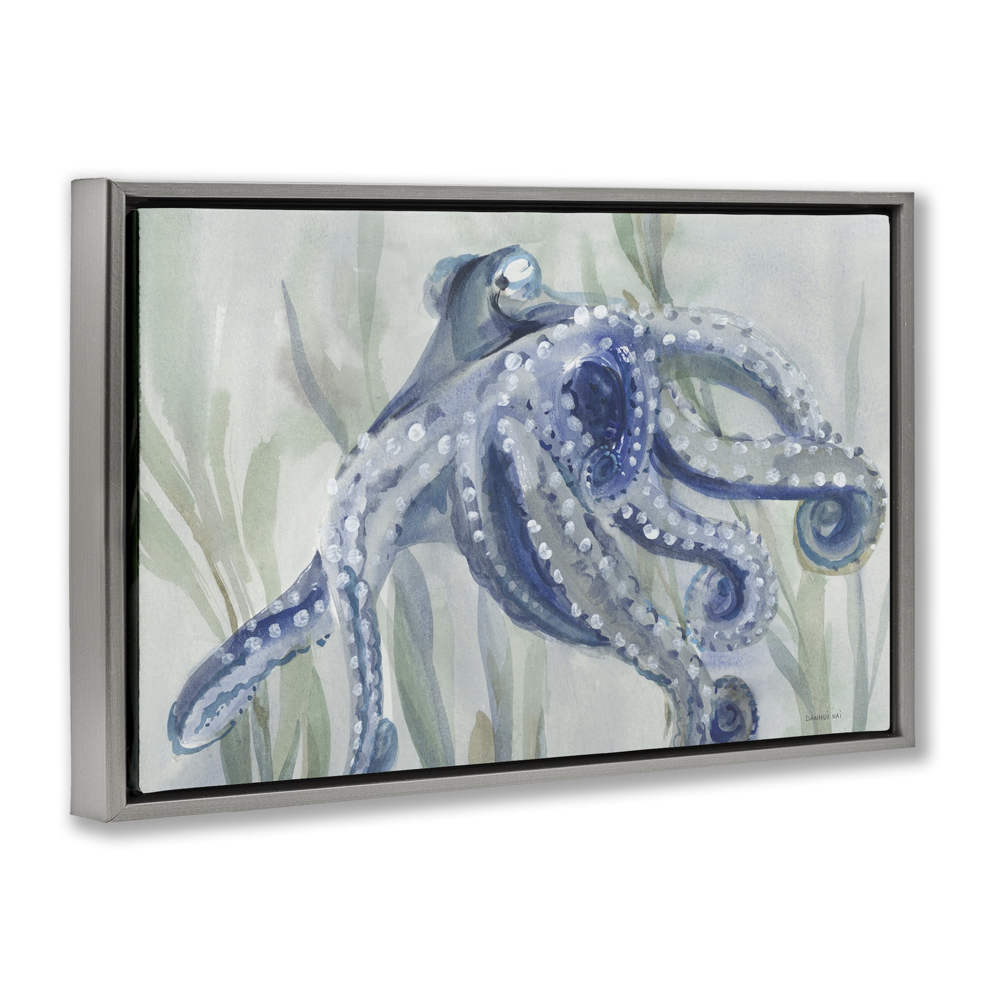 Stupell Industries Deep Dweller Octopus Animals & Insects Painting Gray Floater Framed Canvas Art Print Wall Art, 25 x 17