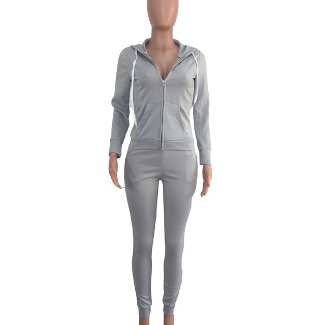 Women Solid Color Sets Zipper Hood Wear Lounge Wear Suit Sport Set Tops+Pants