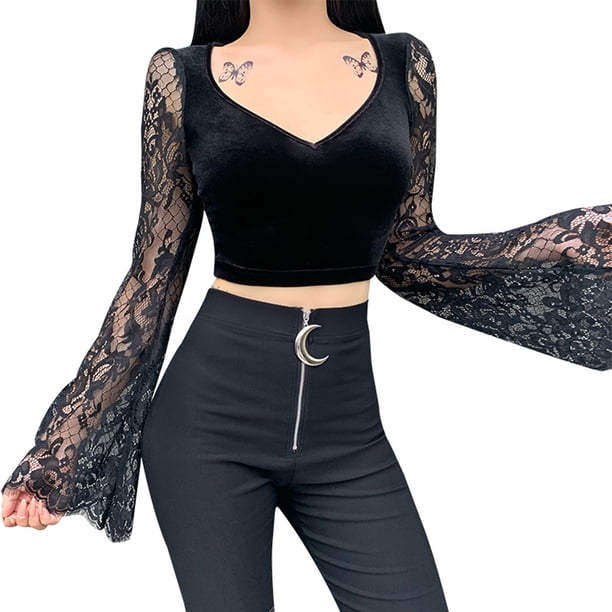 Moda mujer encaje sólido manga larga encaje patchword v-cuello blusa corta Fridja fhghd2134