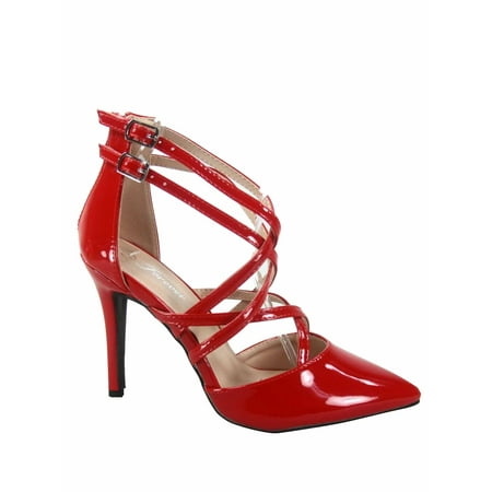 

Young- 04 Women s Pointy Toe Ankle Strap Strappy Zipper Stiletto Pumps Shoes ( Red 7)