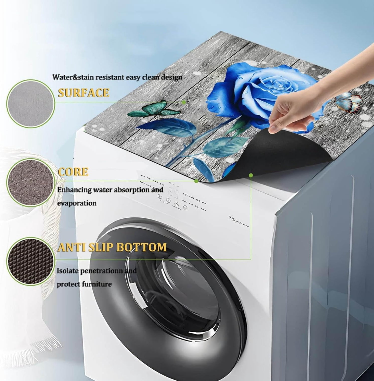 Flowers Washer Dryer Top Cover Mat Dust Cover Pad for Washer Dryer,Creative Anti-slip Washing Machine Top Protector Mat for Laundry Room (Laser Gilding, 23.6" x 19.7")