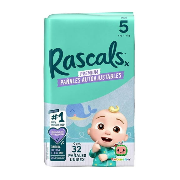 Pañales Rascal + Friends CoComelon auto ajustables etapa 5 grande 32 pzas