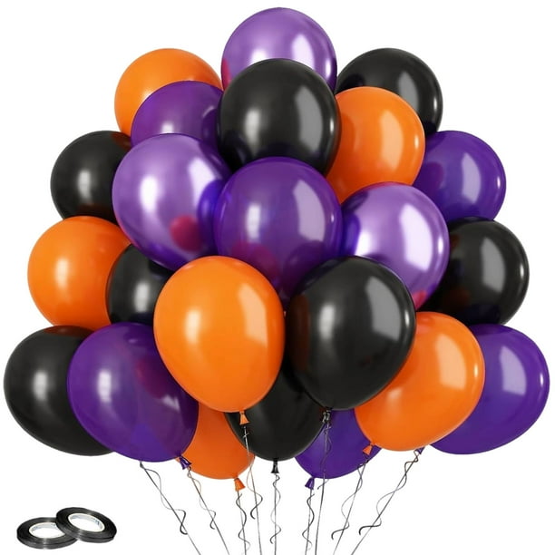 Globos de látex negros y naranjas de 30 cm (30 unidades) | Decoraciones para fiestas de Halloween | Globos de confeti metálicos con lentejuelas | Resistentes, inodoros y seguros para niños |