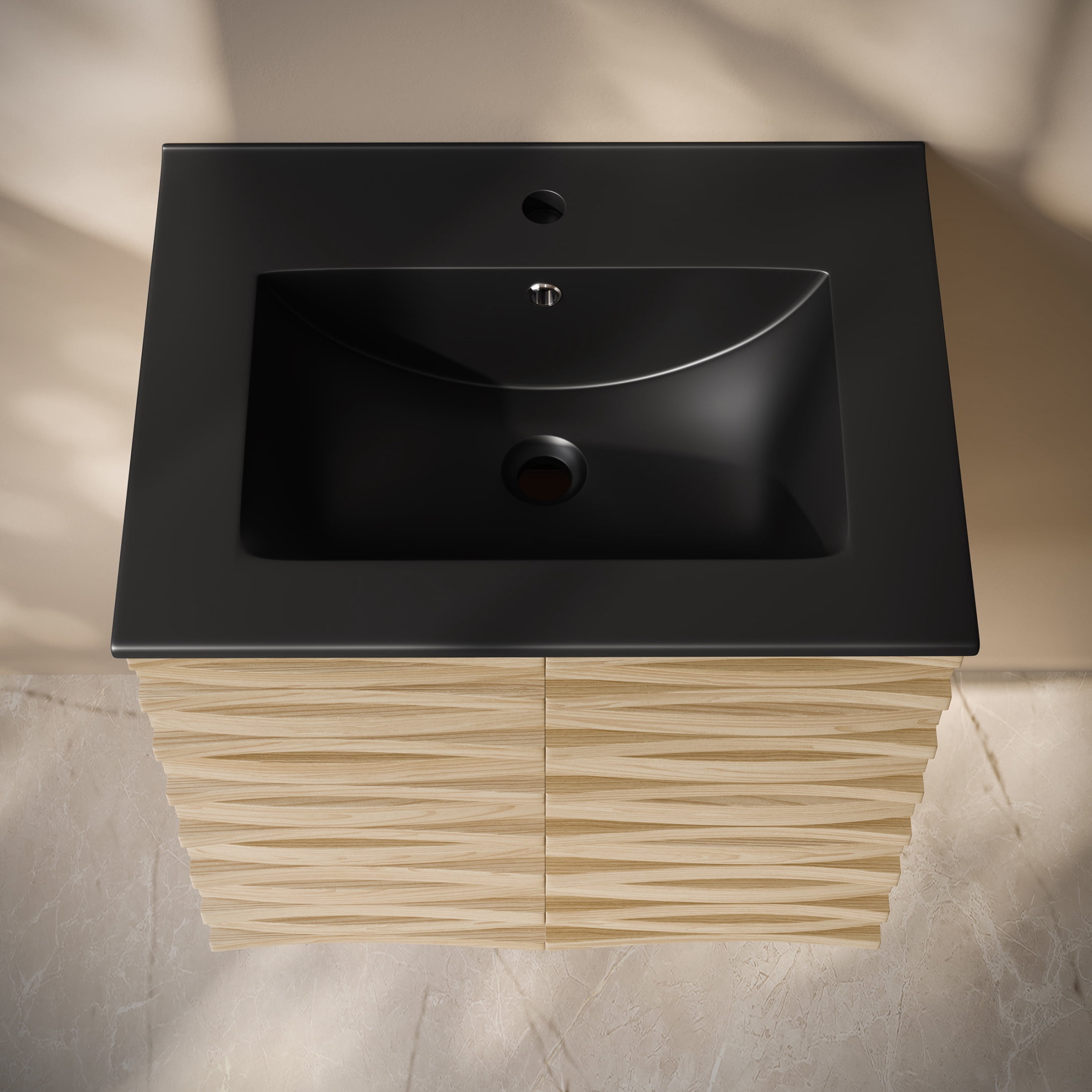 Cascade 24" Wall-Mounted Bathroom Vanity in Natural Oak with Black Sink Top