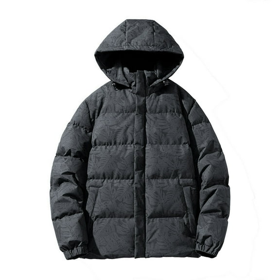 Men's Casual Camouflage Maple Leaf Print Hooded Cotton-padded Jacket with Detachable Hood, Black, Size L